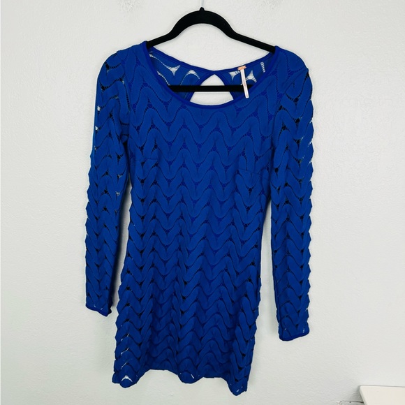 Free People Wild Thing Open Lace Zig Zag  Chevron Long Sleeve Dress -XS - Picture 2 of 7